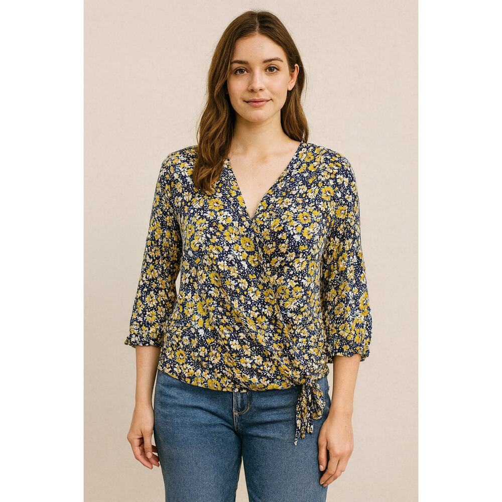 Democracy L cottagecore faux wrap side tie coquette blouse top blue yellow EUC